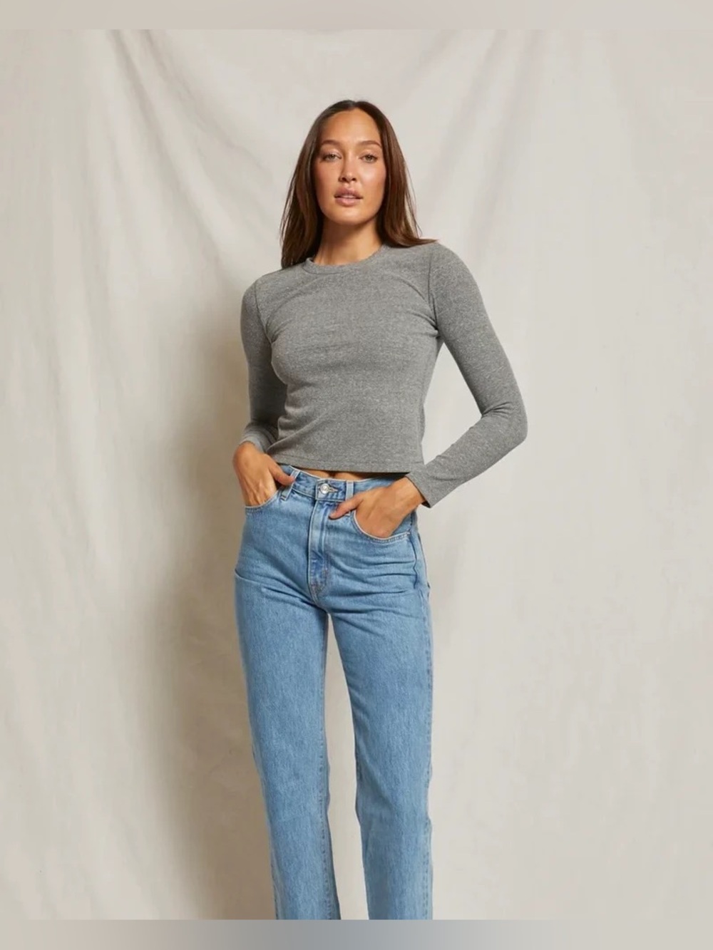 Perfectwhitetee Foxx Ribbed Long Sleeve Gray Top Size S